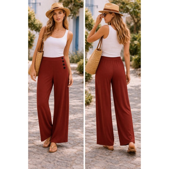 Susan Graver Pants - Susan Graver Liquid Knit Wide-Leg Pants Button Detail Large Rusted Red Everyday